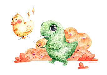 Cute dinosaur with a balloon duck. Watercolor illustration isolated on a white background. Cute children's print for a holiday, birthday, greeting. Handmade.