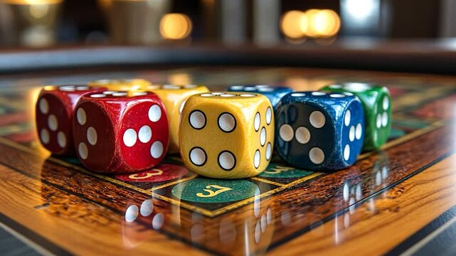 Colorful dice arranged on a roulette table in a vibrant casino setting