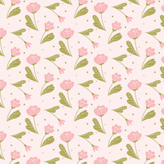 A delicate floral seamless pattern with pink flowers and green leaves on a light background. Perfect for textiles, packaging, greeting cards, wallpapers, and web design.