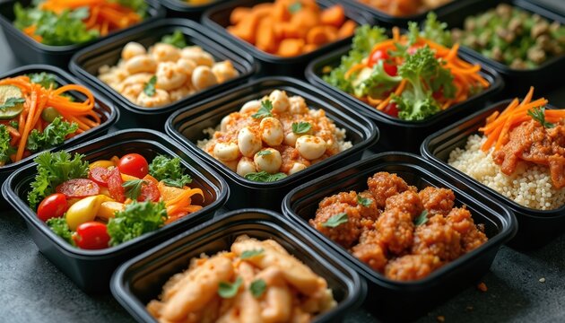 Variety of ready meals in black containers salads, couscous, meat, vegetables for diet nutrition. Take away service of tasty prepared lunch or dinner. Balanced daily ration on doorstep.