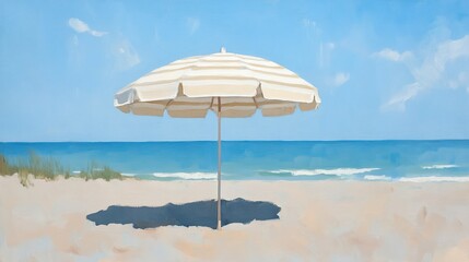 Beach umbrella on sandy shore under sunny sky.