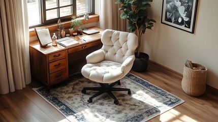 Inviting workspace with comfortable chair, layered rug, elegant desk, and personalized decor fostering creativity