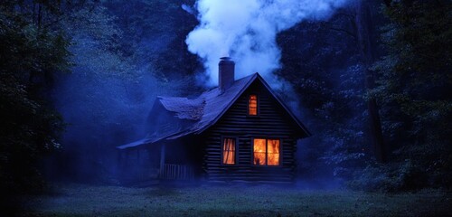 Misty Night Cabin in Woods for Halloween Theme