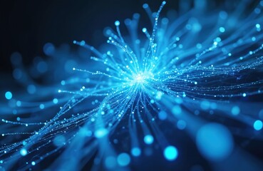 Fototapeta premium Neural connection, tech communication concept. Fiber optic threads in blue lights, circuits. Information network, digital computer, virtual connection, high traffic motion, telecom fiber transfer
