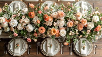 Overhead perspective of beautifully arranged table settings with fine china and elegant floral centerpieces for formal dining