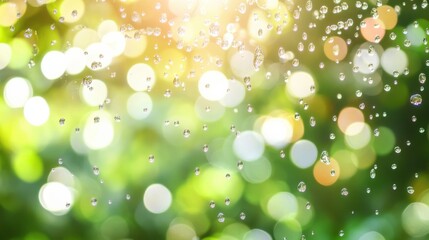 Obraz premium Glimmering Water Droplets on Green Background with Sunlight Bokeh