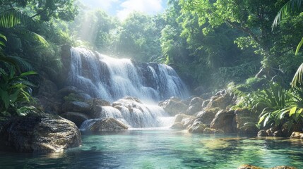 Serene Waterfall in Lush Tropical Forest with Crystal Clear Pool and Sunlight Filtering Through