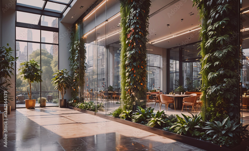 Aufkleber large, open space with a lot of greenery and plants. the space is designed to be a relaxing and calm