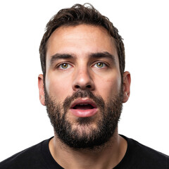 Fototapeta premium Close up of a Caucasian man with a rugged beard looking in shock with his lips slightly parted isolated on white background