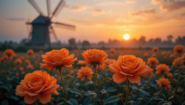 Orange Roses Field with Windmill at Sunrise Offers Serene Beauty
