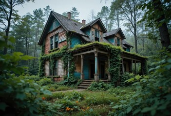 Overgrown Abandoned House Surrounded by Forest and Nature's Greenery