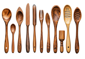 Collection of Exquisite Handcrafted Wooden Kitchen Utensils isolated with Transparent Background