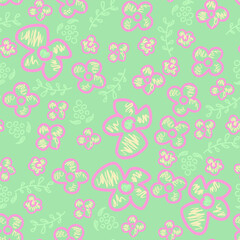 Floral seamless pattern, trendy simple nature doodle vector green background with hand drawn flowers for wallpaper, textile, packaging, print and decoration. 