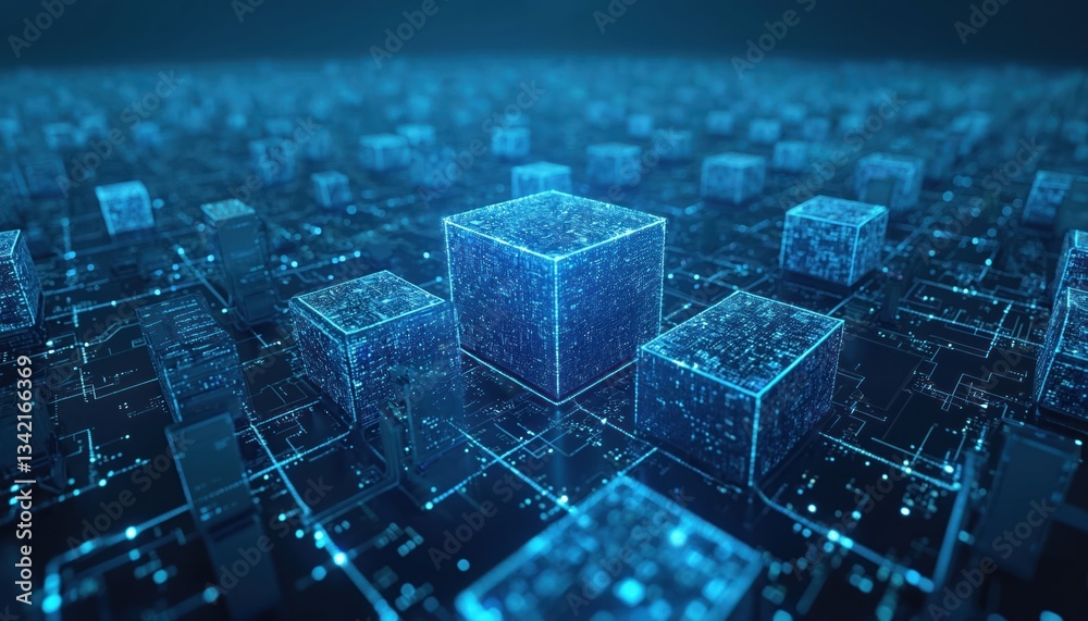 Poster Tech business explores metaverse and blockchain network connections in smart city. Digital world abstract cyberspace with cryptographic cubes connected in blue global network.
