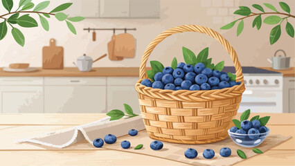 Blueberry in wicker basket on table in kitchen vector design, Blueberry Illustration vector design