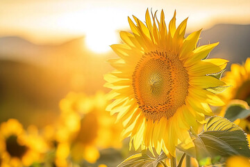 Obraz premium Vibrant sunflower basking in golden sunlight with a scenic backdrop of rolling hills