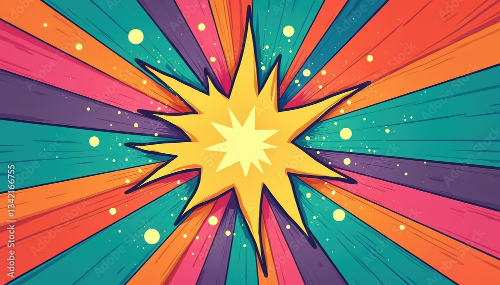 Aufkleber Bright cartoon exploding starburst. Japanese style colorful sunburst pattern on abstract background. Retro, vintage comic art wallpaper, light rays, energy beams backdrop.