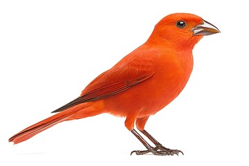 a red bird standing against a white background
