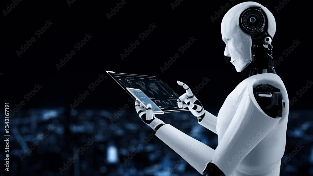 Poster robot hominoid use mobile phone or tablet for big data analytic using ai thinking brain , artificial