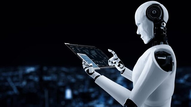 Robot hominoid use mobile phone or tablet for big data analytic using AI thinking brain , artificial intelligence and machine learning process for the 4th fourth industrial revolution . 3D rendering.