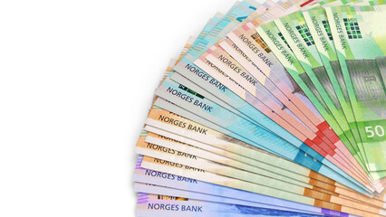 Fan arrangement of Norwegian Krone currency banknotes in various denominations
