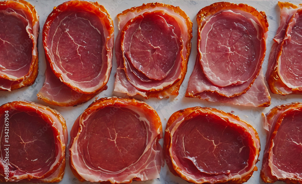 Aufkleber Row of bacon slices are displayed on a white surface. The slices are all different sizes and shapes, but they all have a similar pink color. Concept of abundance and variety