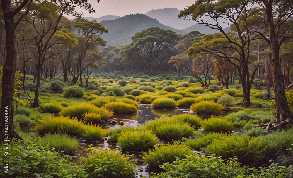 Poster lush green field with a small stream running through it. the scene is peaceful and serene, with the 
