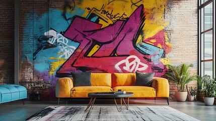 Stylish living room with orange chair decor high resolution picture