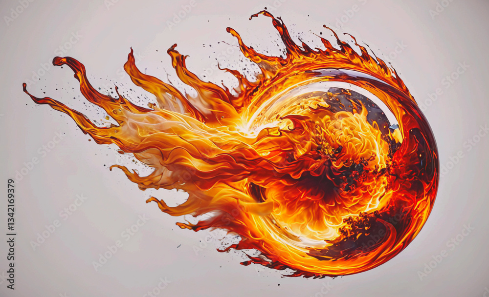Poster fire is depicted in a circle with flames shooting out of it. the fire is orange and he is very large