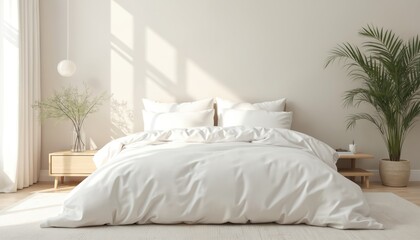 Modern bedroom interior design with comfortable bed, bedding, pillows. Clean white duvet, soft cotton sheets, linens, mattress in hotel bedchamber. Elegant home decor, luxury accommodation, rest,