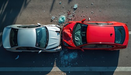 Top view of two cars in accident on road. Silver sedan, red auto damaged in head-on collision. Wreckage, broken glass, car crash from above. Transport danger, safety problem, insurance event.
