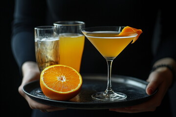 Fototapeta premium Elegant cocktails in martini glasses with garnish. Perfect for bar menus, nightlife visuals, and event promotions.