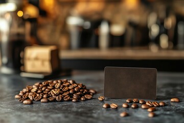 A coffee shop loyalty card mockup displayed on a countertop with coffee beans, 4k photo