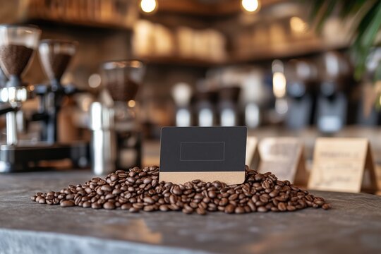 A coffee shop loyalty card mockup displayed on a countertop with coffee beans, 4k photo
