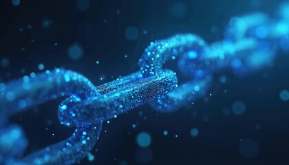 Blue digital chain blockchain tech, data points represent virtual blocks connected together in unbroken line, create intricate background. Block network, technology, security, innovation, datum,