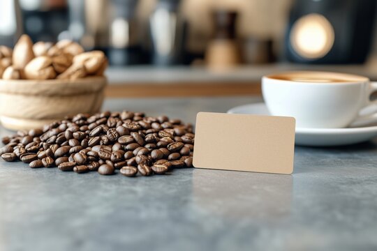 A coffee shop loyalty card mockup displayed on a countertop with coffee beans, 4k photo - Powered by Adobe