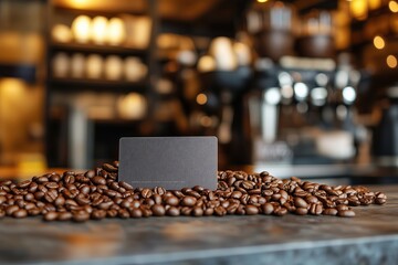 A coffee shop loyalty card mockup displayed on a countertop with coffee beans, 4k photo