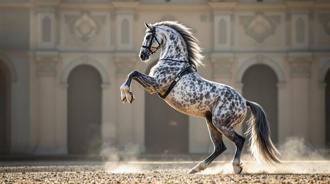 Equestrian dressage competition move featuring dapple gray Andalusian horse in perfect levade position, muscular haunches supporting elevated forebody with arched head in historic arena setting