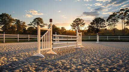 Equestrian jumping competition arena at golden hour with three white obstacles in sequence, empty course with immaculately groomed sand, long shadows, warm evening light