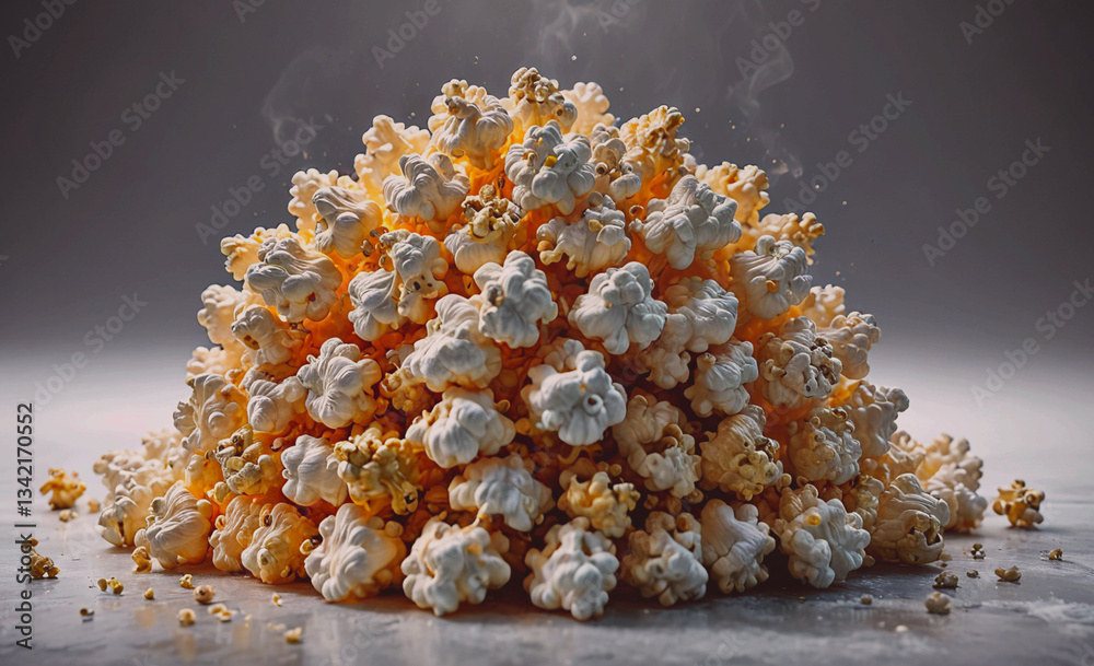 Poster pile of popcorn with a lot of white and yellow pieces. the popcorn is piled up and looks like a big 