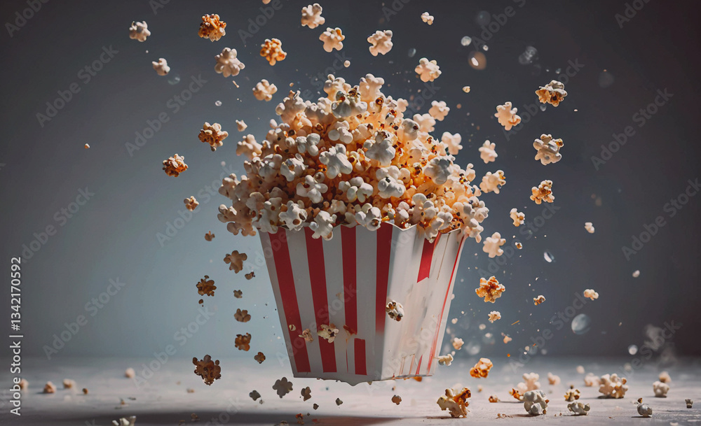 Poster Box of popcorn is exploding in the air, with the popcorn pieces scattered all around. The scene is dynamic and energetic, with the popcorn seemingly coming to life. The idea behind this image could be