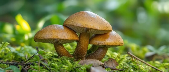 Three mushrooms growing on green moss in a forest