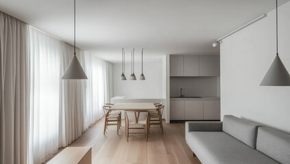 Modern apartment kitchen, dining, living area, minimalist interior design, bright