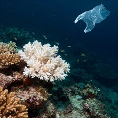 Fototapeta premium Plastic bag polluting bleached coral reef in ocean