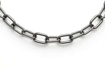 Obraz premium Metal silver chain isolated on white background. Linked connection of steel links strength. Chrome shiny texture of chain. Industrial connecting equipment. Conceptual 3d design, minimalist style,