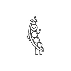 Cute сartoon pea pod. Funny character isolated on white background. Vegetable in doodle style. Vector