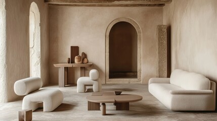 Minimalist living room with beige sofa, armchairs, and wooden coffee table.