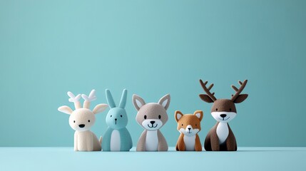 Naklejka premium Five adorable cartoon animal figurines; deer, rabbit, wolf, fox, and deer arranged in a row against a light teal background.