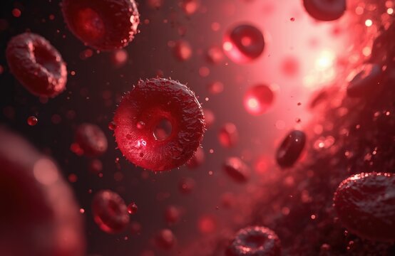 Close-up of red blood cells. Microscopic view shows morphology with donut shape, biconcave disc appearance. Image suitable for medical, biological, scientific, healthcare content. Useful for