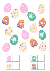 Easter or spring I spy game for kids. Searching and counting activities for preschool children. Printable for kindergarten